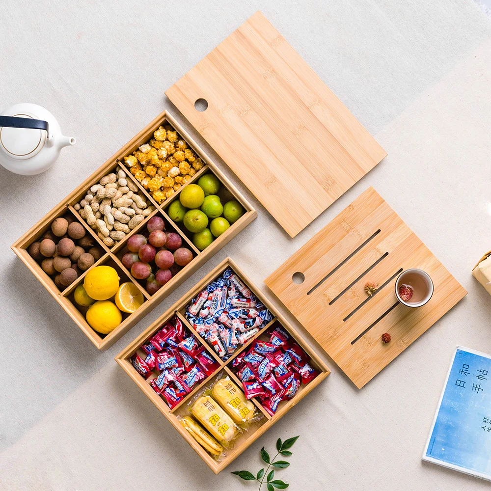 Creative Bamboo Compartment Storage Box Tea Tray Candy Snacks Dried Fruit Nut Bowl Removable Division Organizer Home Decoration