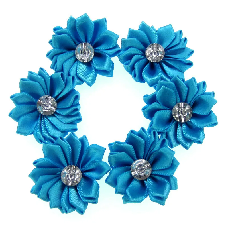 12Pcs Satin Ribbon Flowers with Rhinestone Multilayers Fabric Flowers Appliques Accessories Sewing Wedding DIY 4.0cm