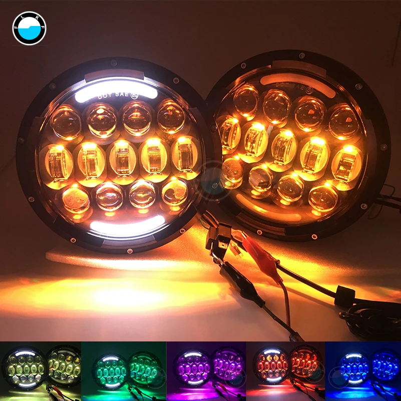 

pair 7 "LED Lamp H4 Headlamp Light RGB High/Low Beam for Jeep Wrangler 4x4 Lada 7 Inch white Angel Eye.