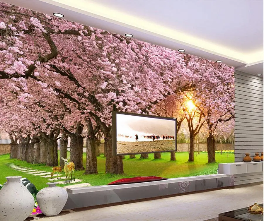 

3d customized wallpaper Cherry Blossom Avenue grass fresco TV backdrop wall 3d wallpaper Home Decoration