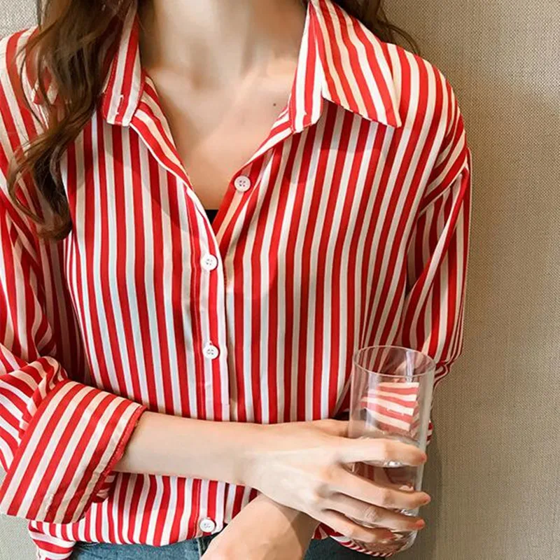 Nuova Camicia Delle Donne Vestiti Delle Signore Chic A Righe Camicetta Primavera Estate Maglia A Manica Lunga Turn Imbottiture Collare Casual di Modo Delle Ragazze Top H9017