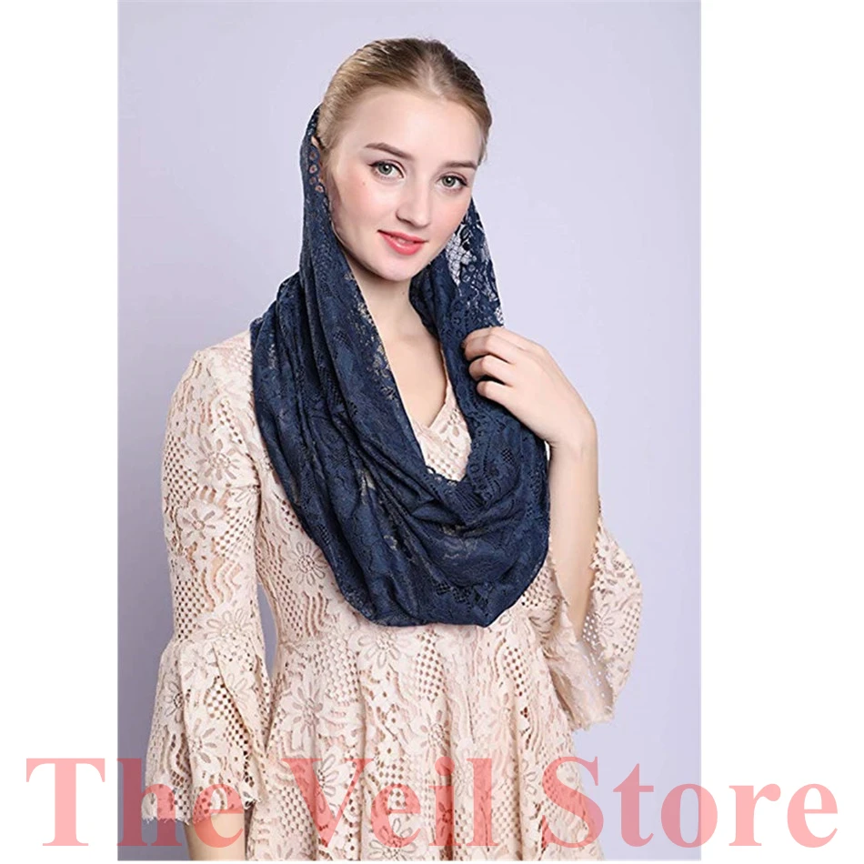 Navy Blue Lace Women Catholic Veil Mantilla for Church Head Covering Latin Mass Mantilla de Novia Negra Chapel infinity veil