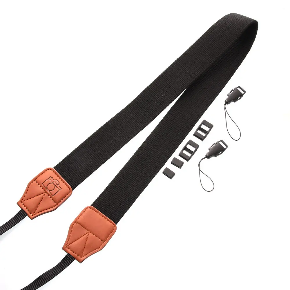 Sabuk leher bahu kamera kulit katun tali poliester hitam untuk Olympus Canon Nikon