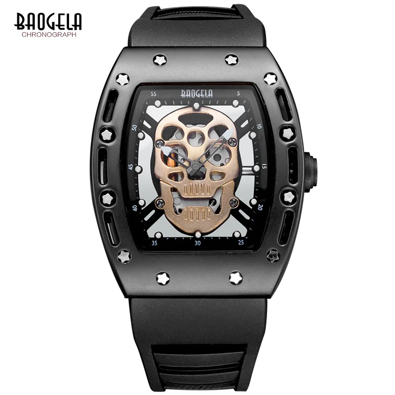 

Baogela Fashion Mens Skeleton Skull Luminous Quartz Watches Military Style Black Silicone Rectangle Dial Wristwatch for Man1612