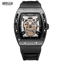 Baogela-Reloj de pulsera de silicona para hombre, cronógrafo de cuarzo luminoso con esqueleto, esfera rectangular, estilo militar, color negro, a la moda, Man1612