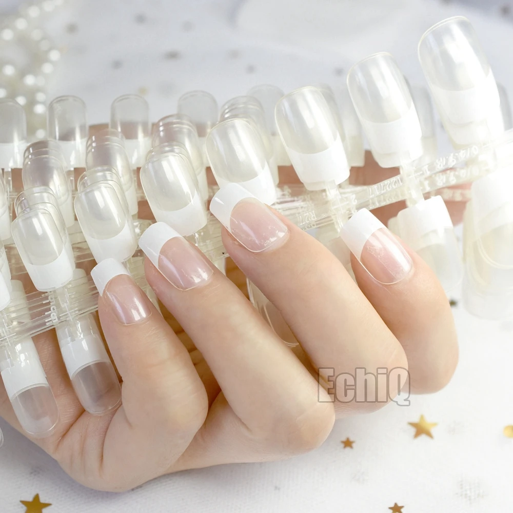 Wholesale 10 sets Crystal Clear White French False Transparent Fake Nails Full Cover Square Head Manicure Nails faux ongle