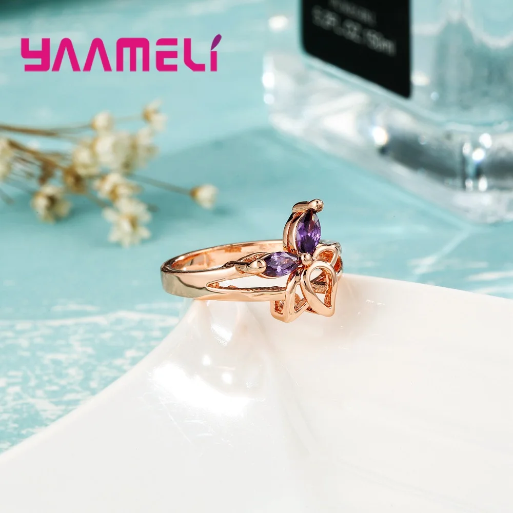 New Arrival Pretty Flower Design Simple Style With Purple Crystal Cubic Zircon Gold Color Finger Rings For Women Female