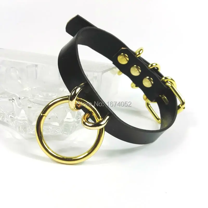 Cute Lolita Harajuku 100% Handmade Golden Metal O Round Choker Real Leather Collar Sub Buckle Necklace