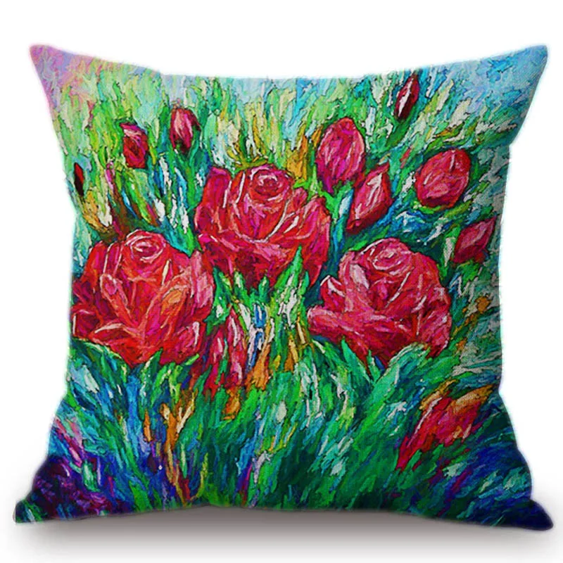 Oil Painting Floral Sunflower Red Rose Decorative Pillows Cases Abstract Impressionism Colors Cotton Linen Outdoor Cushion Cover