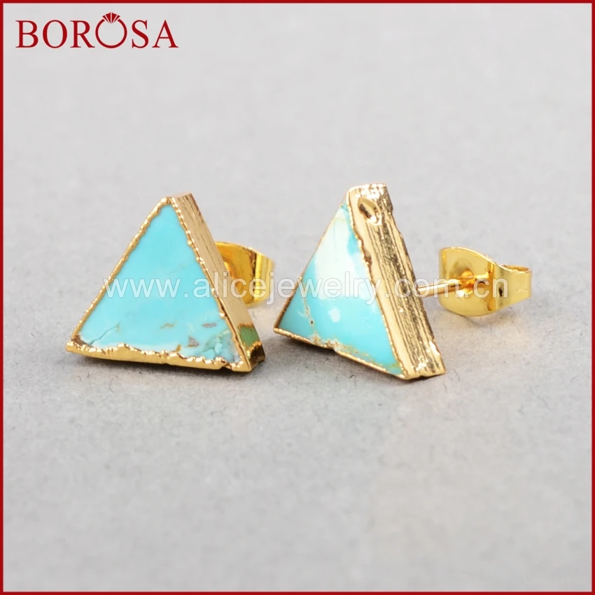 

BOROSA Triangle Gold Color Natural Turquoises Stud Earrings 10mm Natural Gems Stone Stud Earrings for Women Jewelry G0472