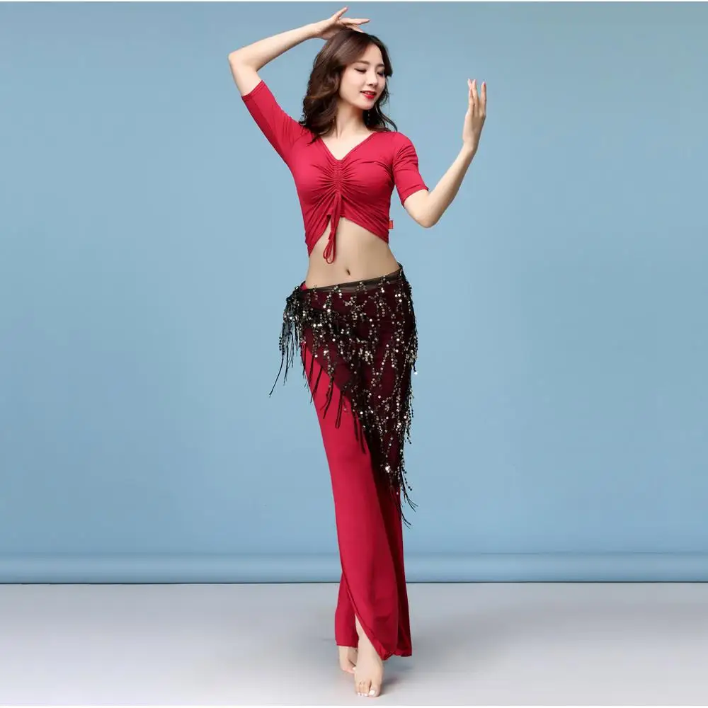 

Cheap Beginner Class Wear Modal Women Belly Dance Costume Set Long Trousers Mesh Sequin Hip Scarf 3 Pieces (top, pants & belt)