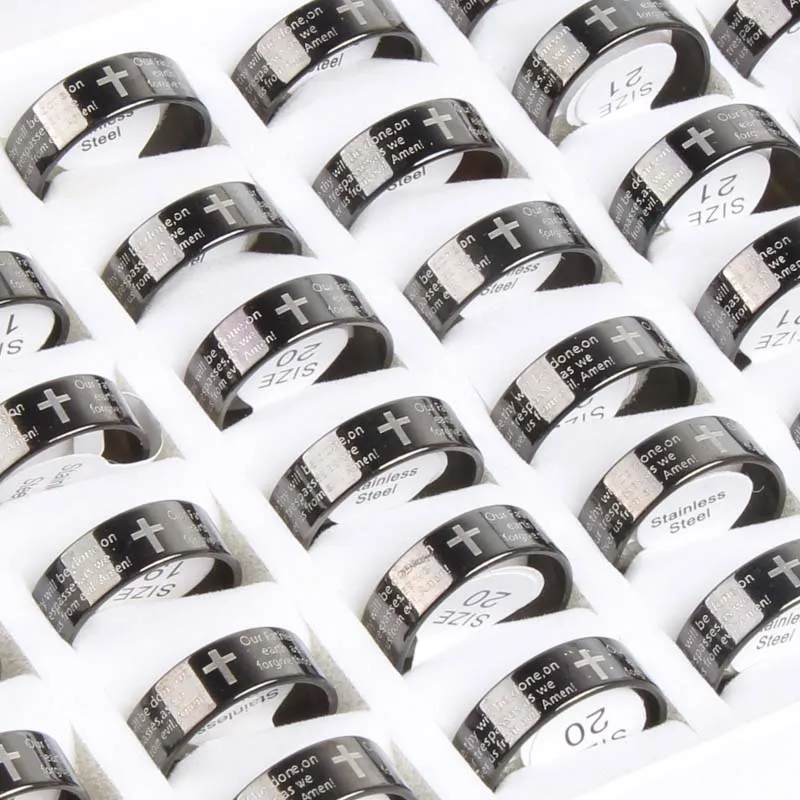 30Pcs English Bible Jesus Cross Christian Prayer Stainless Steel colorful Wholesale Rings Woman/Man Wedding Xmas Gift