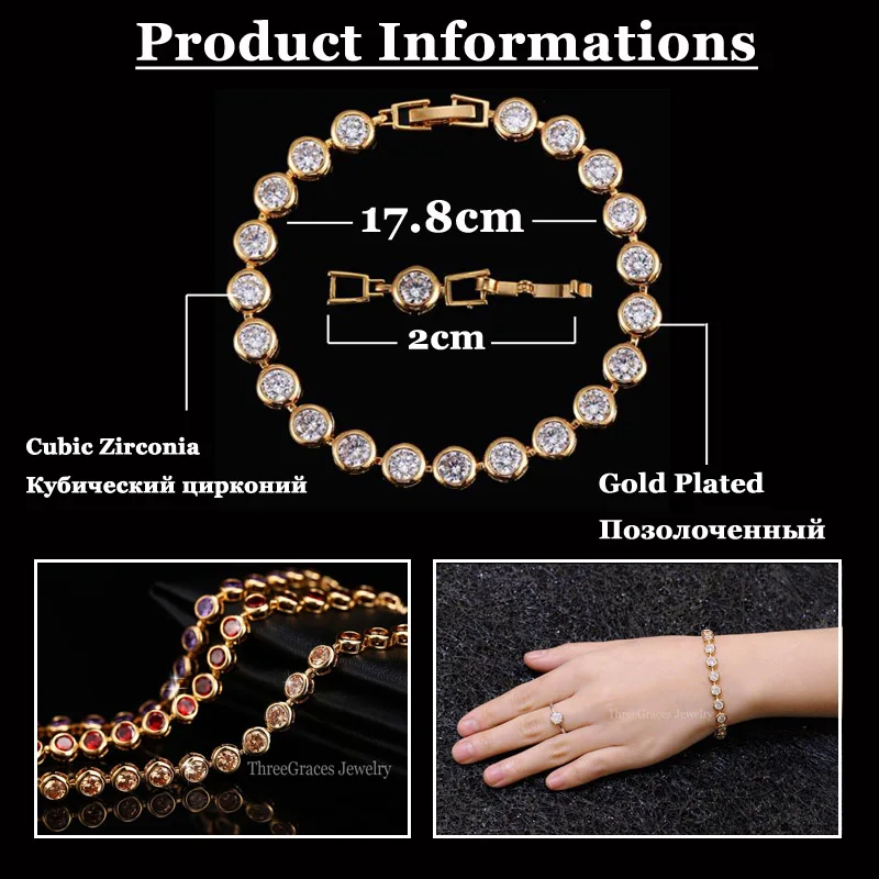 ThreeGraces Gorgeous Round Shape Gold Color Clear White Cubic Zirconia Stone Tennis Bracelets For Women Jewelry Gift BR057