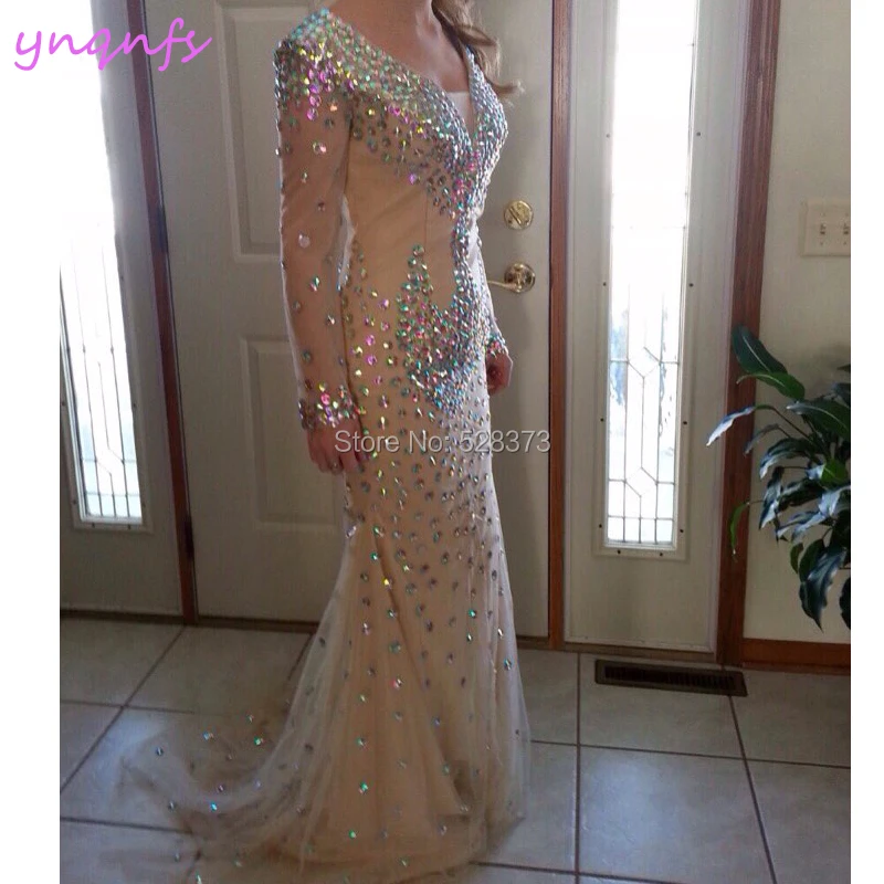 Ynqnfs ED235 Crystal Jurk V-hals Lange Mouwen Mermaid Champagne Bruidsmeisje Jurken Elegante Saudi Arabische Abiye Formele Gown 2019