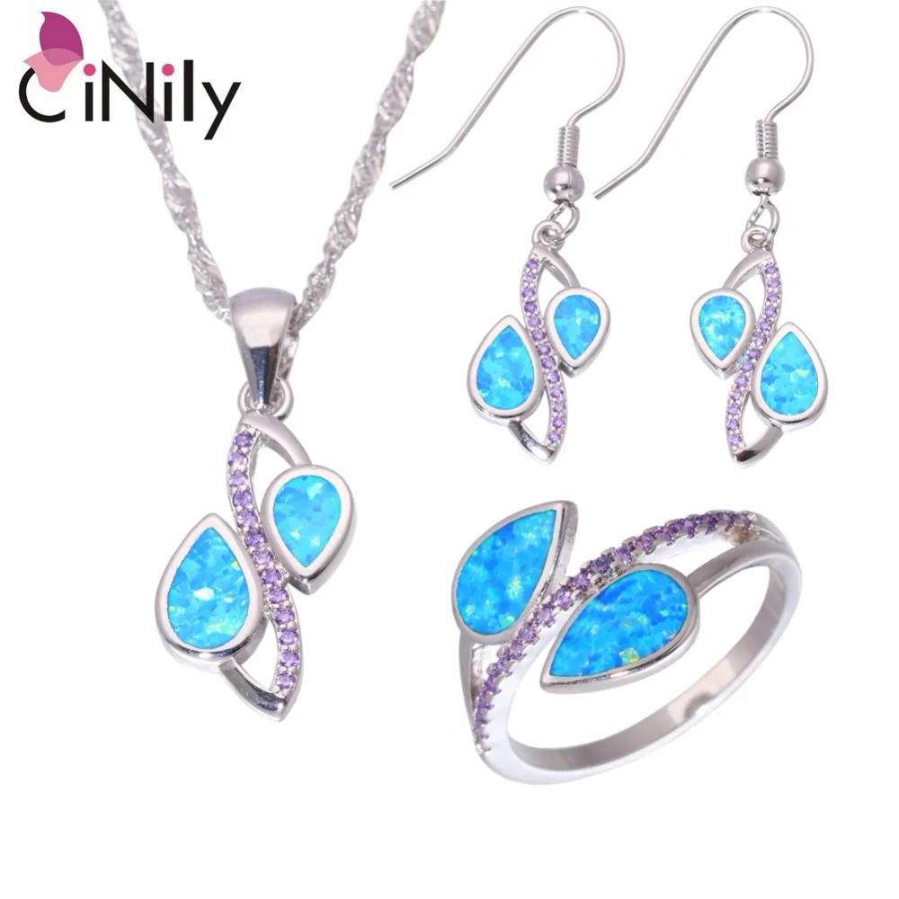 

CiNily Created Blue Fire Opal Purple Zircon Silver Plated Wholesale for Women Jewelry Ring Pendant Earrings Jewelry Set OT162