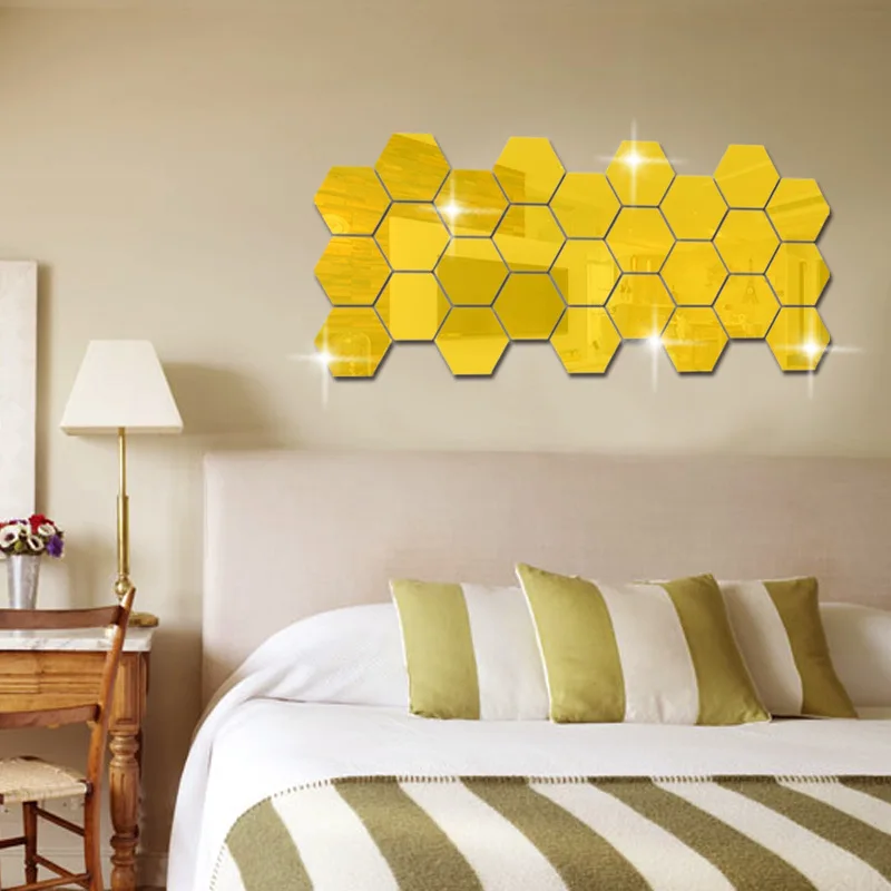 12PCS  Mirror Wall Stickers 126*110*63 MM Modern 3D Gold Silver Hexagonal Acrylic Decorative For Bedroom Living Room DIY