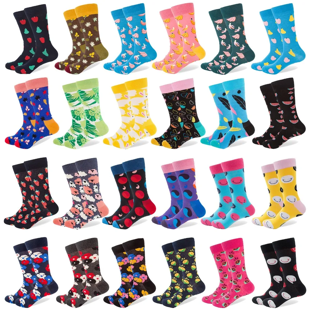 1 Pair New Men Socks Combed Cotton Leaves Banana Smile Pattern Long Tube Crew Happy Socks Colorful Party Wedding Dress Socks