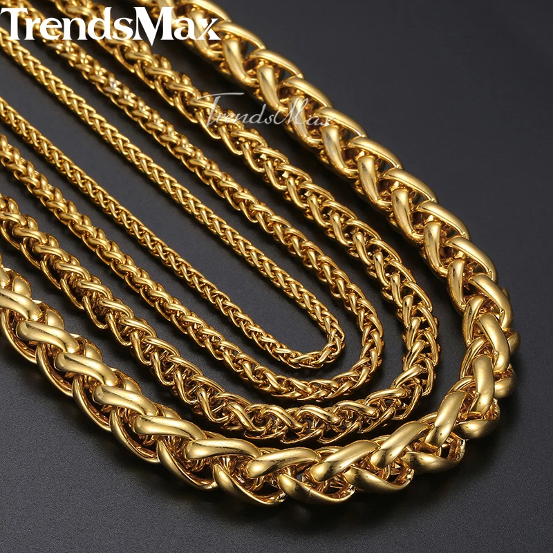 Length 3-10mm Men's Necklace Stainless Steel Gold Color Round Spiga Wheat Chain Hip Hop Jewelry Necklace For Men KNM136