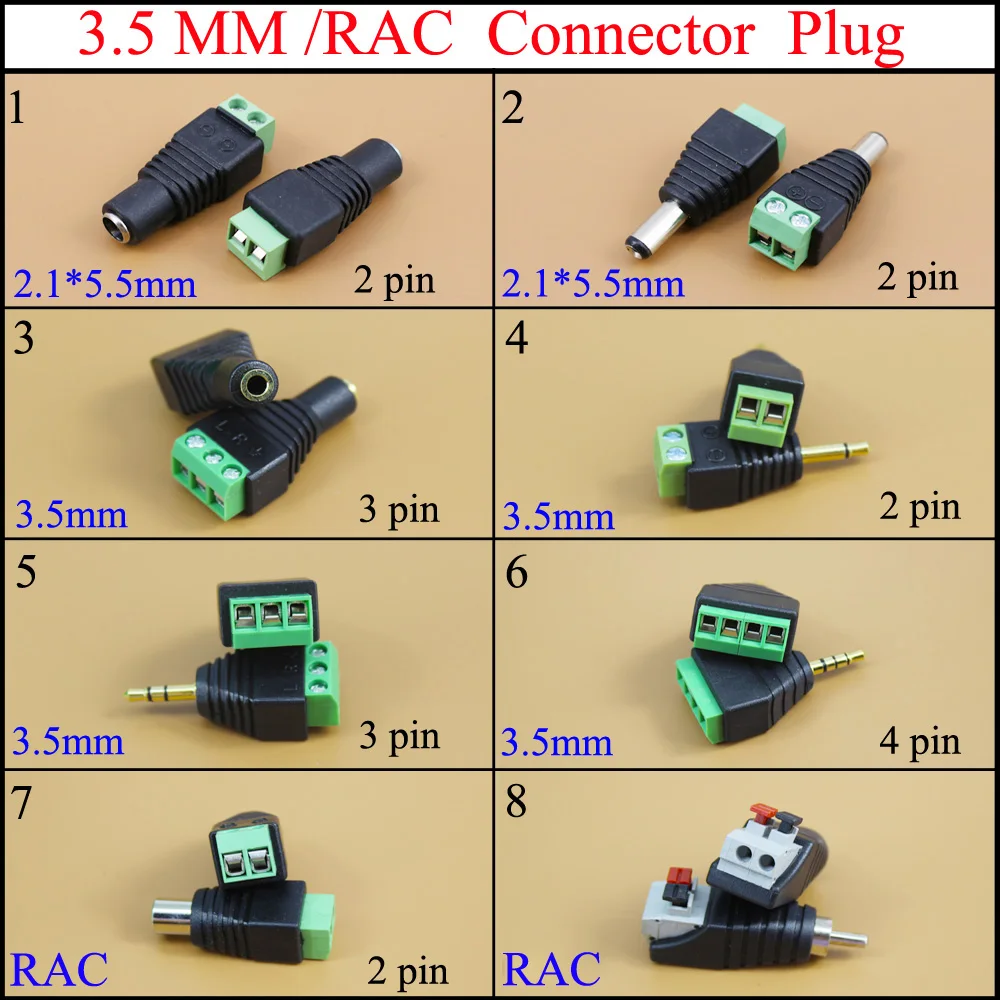 

YuXi 2.1*5.5mm /RAC Video AV Balun 3.5mm Stereo Female to AV 2/3/4 Screw Terminal Connector Block Plug Terminal Block