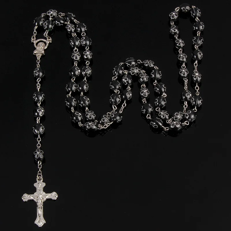 9mm Fashion Rosary Necklace Women Jewelry Gifts DIY Jesus Christian Cross Necklace and Pendant Long Chain Jewelry