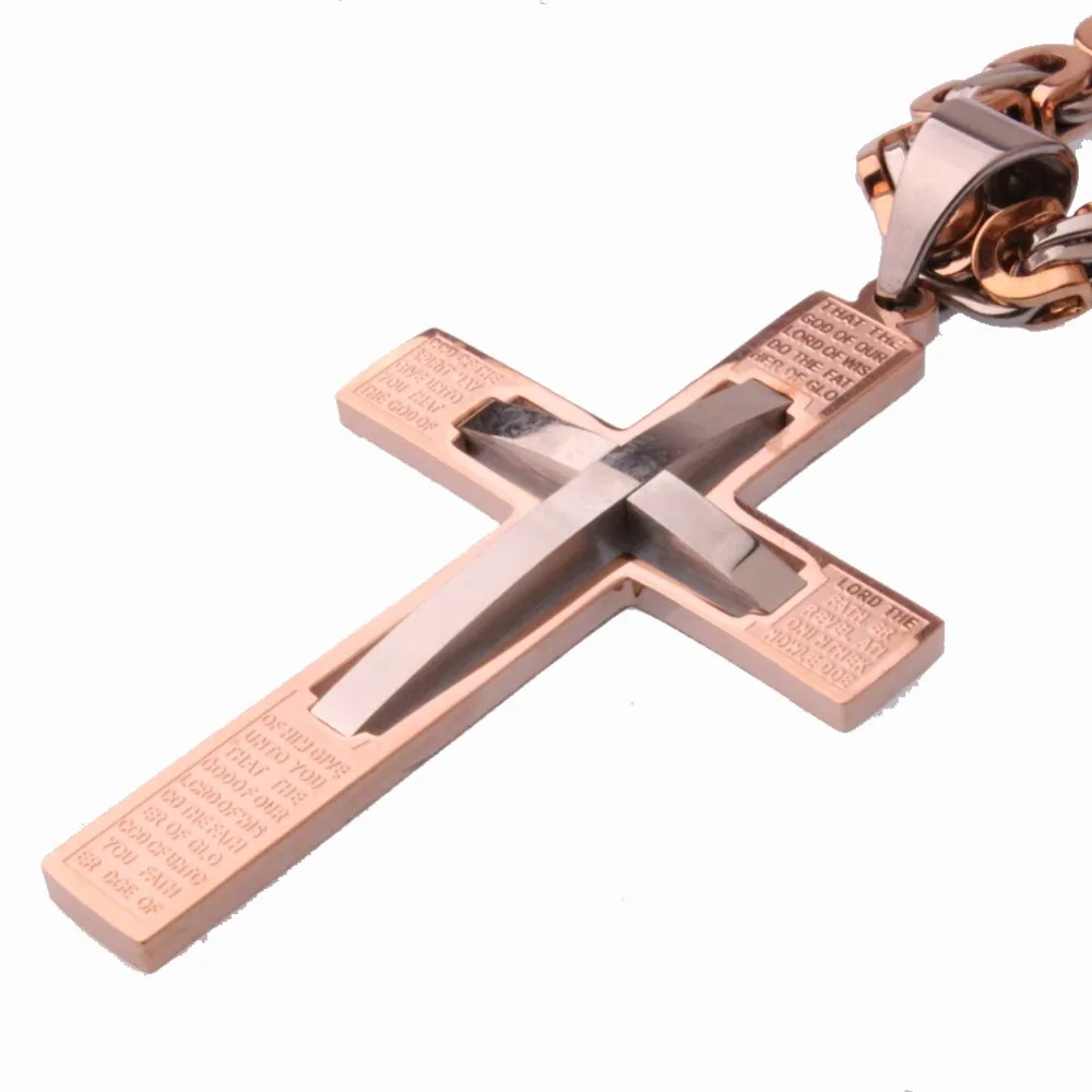 New Fashion Rose Gold Cross Pendant Necklace Male Gift Trendy Stainless Steel 6mm Flast Byzantine Chain