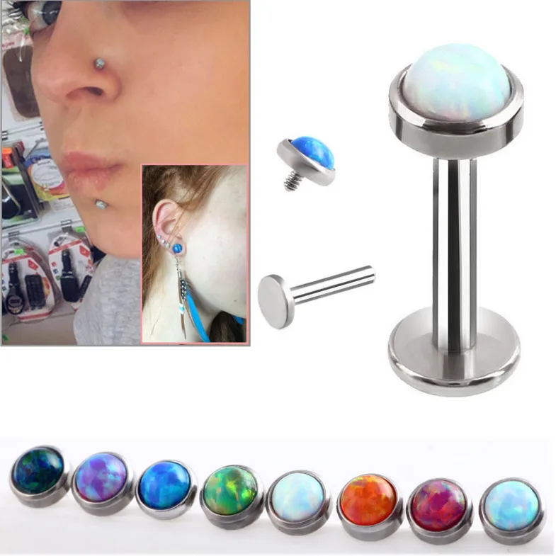 50pcs  Surgical  Steel Opal Stone Labret Lip Ring Nose/Ear Helix Bar Cartilage earring tragus ring 16GX8mm