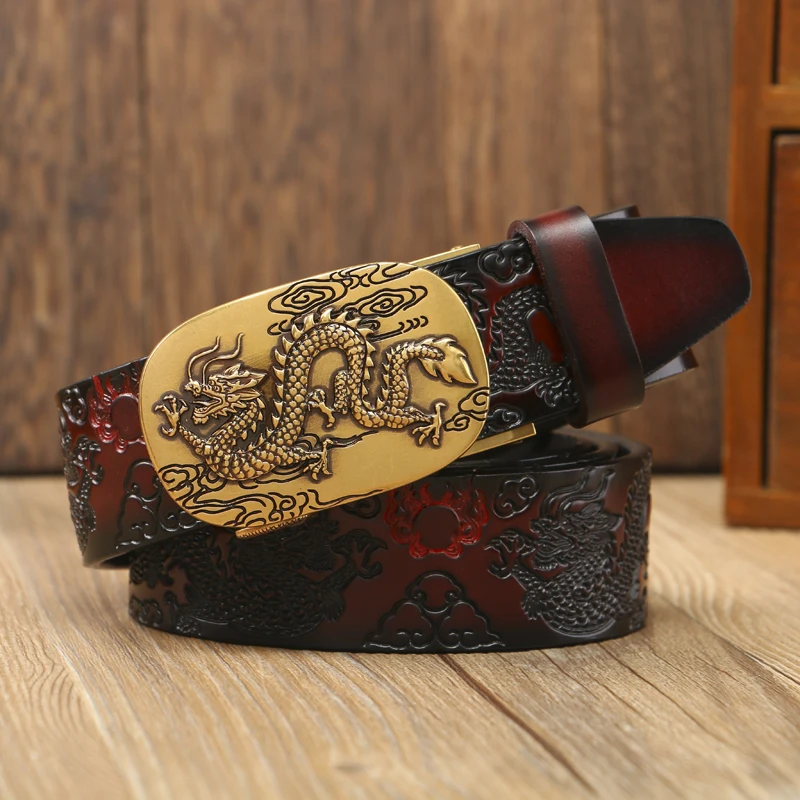 Hot China Dragon Designer Belt Men Cowskin Genuine Luxury Leather Men\'s Belts for Men Carving Dragon Pattern Automatic Buckle