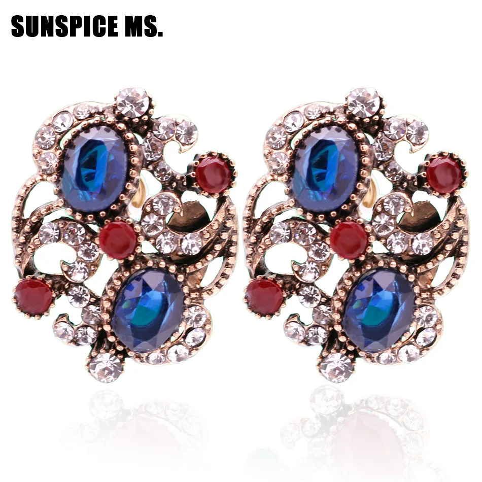 Sunspicems Vintage Bohemia Earrings For Women Turkish Jewelry Antique Gold Color Round Crystal Arabic Bride Earring