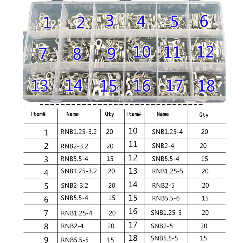 18 types 330 pieces Non-insulated Wire Spade Ring Terminals Assortment Set