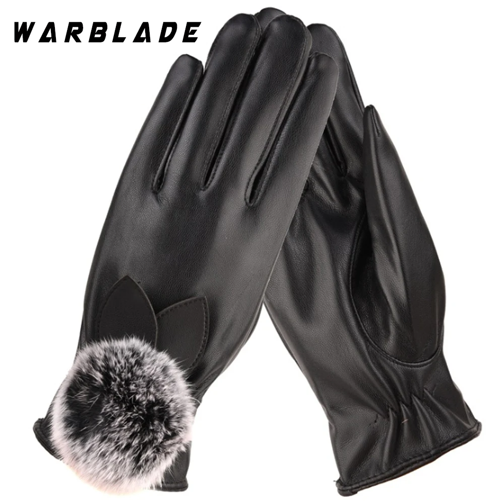 Fashion Women Warm Thick Winter Gloves Leather Elegant Girls Brand Mittens Free Size With Rabbit Fur Female Gloves WarBLade