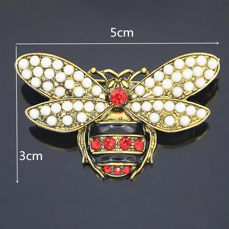 Utei Jewelry Vintage Style Antique Gold Color Pearl And Crystal Lovely Bee Brooch Stunning Red Rhinestone Cute Insect Collar Pin