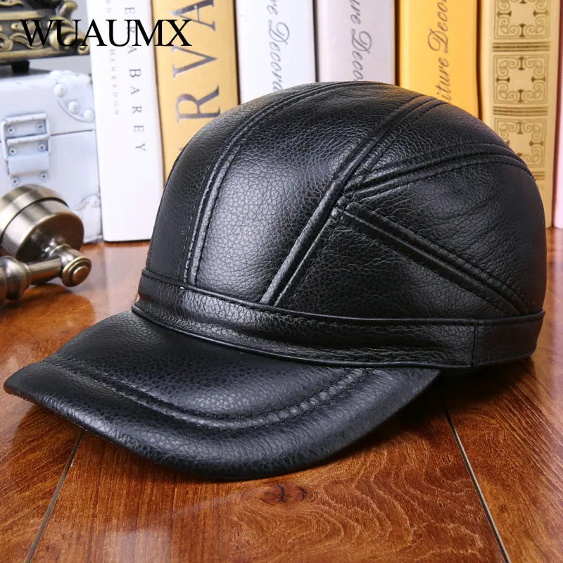 

Cowskin Men's Baseball Caps With EarFlap Autumn Winter Genuine Leather Hat Keep Warm Dad Cap Middle-aged Cow Leather Cap
