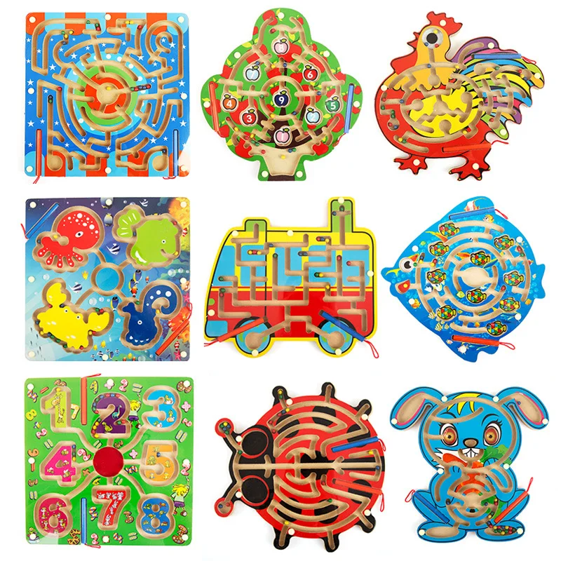 Wooden circular magnetic track brushwork handling maze Develop children's intelligence, educational toys Slide the bead game