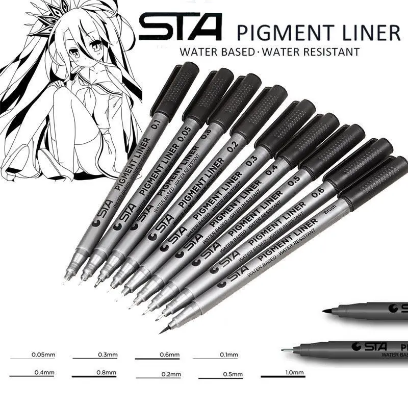 

STA 9 Pcs/lot Pigment Micron Hook Liner Drawing Marker Pen Sketch Pens Brush Pen for Drawing Painting Hand writing