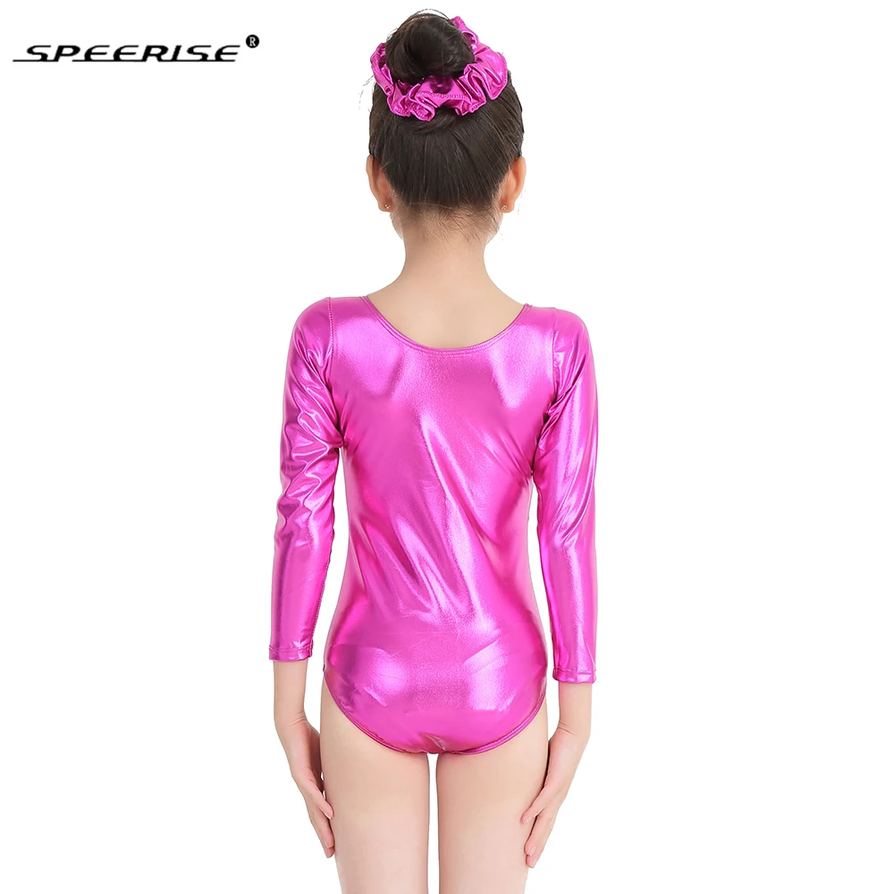 Collant de malha metálica brilhante para meninas, collant de manga longa, ginástica, elastano, uma peça, body, balé, dança, trajes infantis