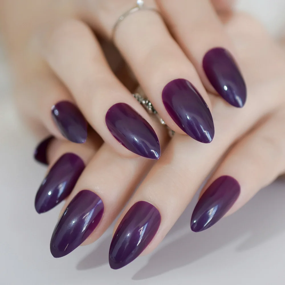 Oval Almond Solid Gray Purple Fake Nails Stiletto Full Cover Pointed Pure Color Design False Nail Wear Tips