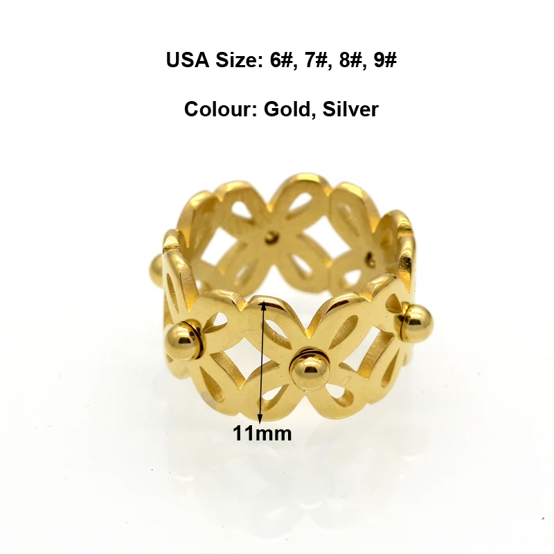 Mopera Brand New Stainless Steel Hollow Flower Geometric Rings For Women Gold Color 11mm Wide Female Ring Trendy Jewelry