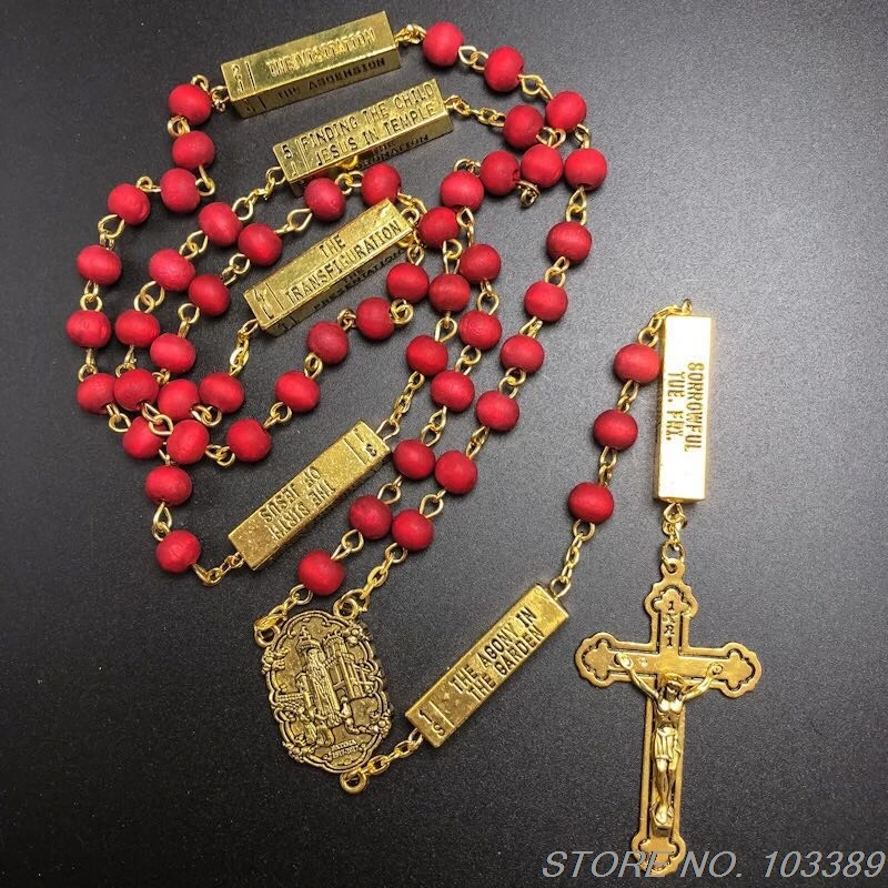 6*7mm red maple wood bead rosary, scented religious necklace, with FATIMA and the five mysteries connector