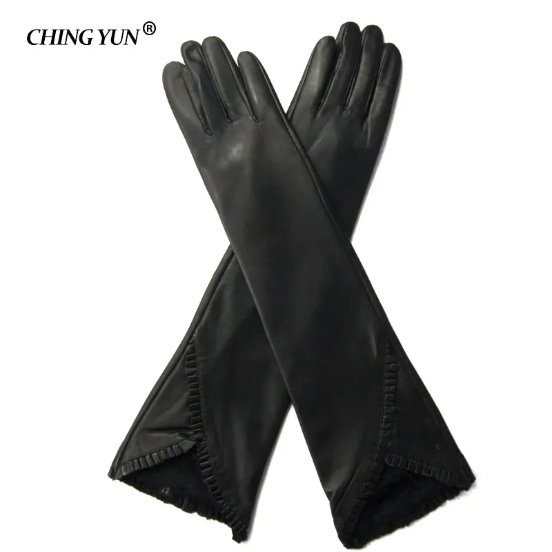 Chingyun Winter Lady Mode Schapenvacht Leren Handschoenen Vrouwen Echt Lederen Wanten Dames Lange Stijl Houden Warme Arm Mouw