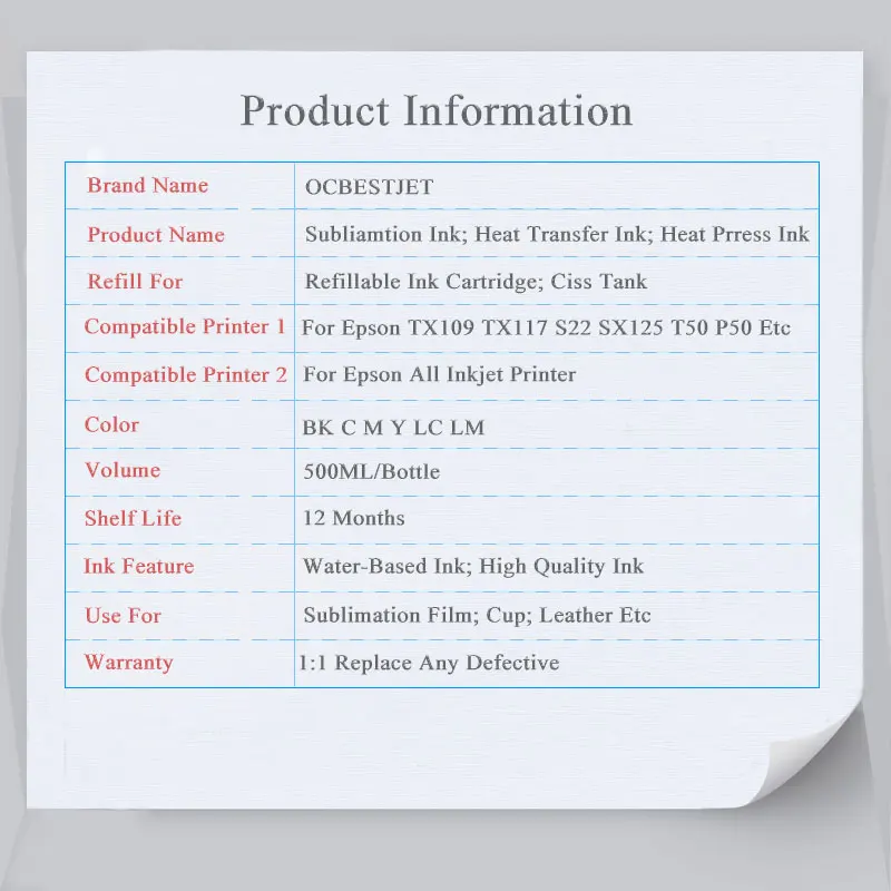 Botella de tinta de sublimación para impresora Epson L8050, L805, L1800, TX109, TX117, CX4300, WF-2680, 500ml