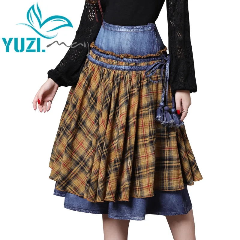 Skirts Womens 2018 Yuzi.may Boho New Denim Linen Skirt Swing Hem Plaid Covered Button Delicate Tassels Saias Femininas X2222