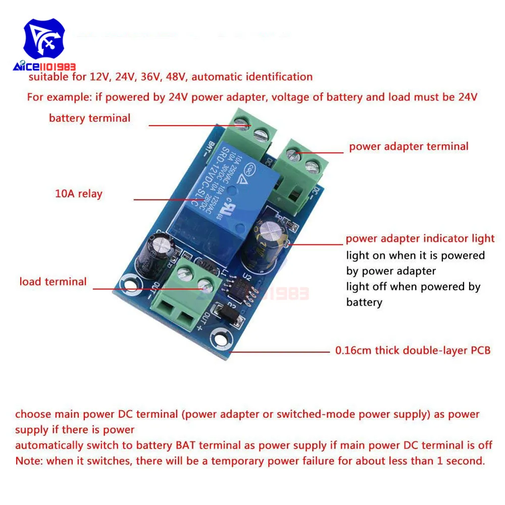 Diymore DC 5 V -48 V/DC 12 V -48 V Module de relais Module de Protection d'arrêt Module de commutation automatique UPS batterie de coupure d'urgence