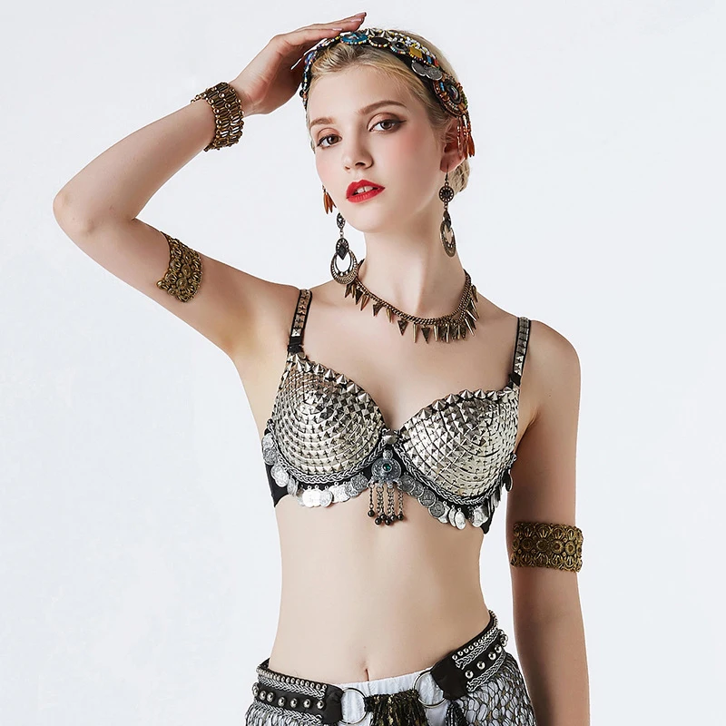 Vintage Dancewear Silver Chain Metallic Studs Bra B/C CUP Vintage Coins Bra Gypsy Dance Tops Tribal Belly Dance Bra