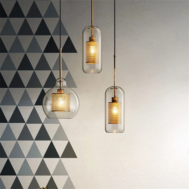 Loft Industrial Retro Pendant Lights Metallic Grid Glass Ball Hanging Lamp Living Room Modern Home Decor Suspension Luminaria