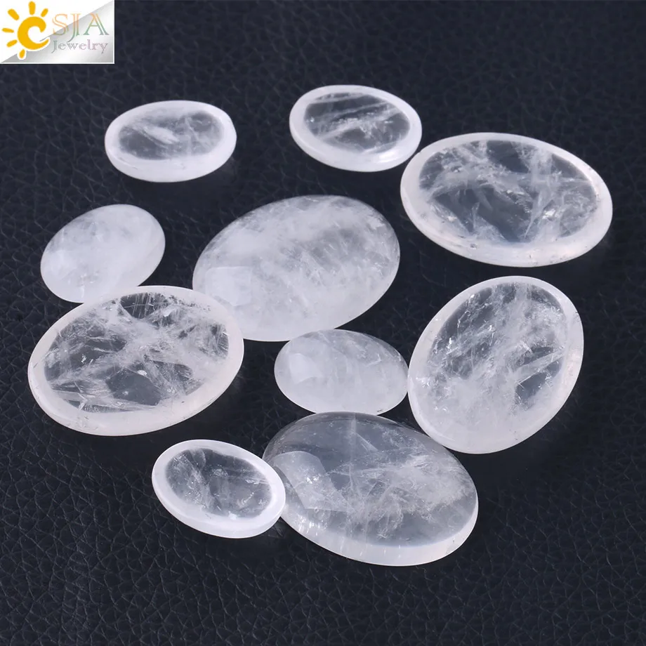 CSJA 1pc Natural Gem Stone White Crystal Cabochon Oval Clear CAB Beads No Drilling Hole for Jewelry Making DIY Pendant Ring F812