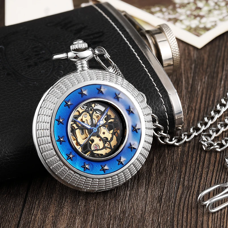 Star Circle Bule Printing Mechanical Pocket Wathes Skeleton Movemeont Self Winding Watch for Men and Women Carving Flower Design