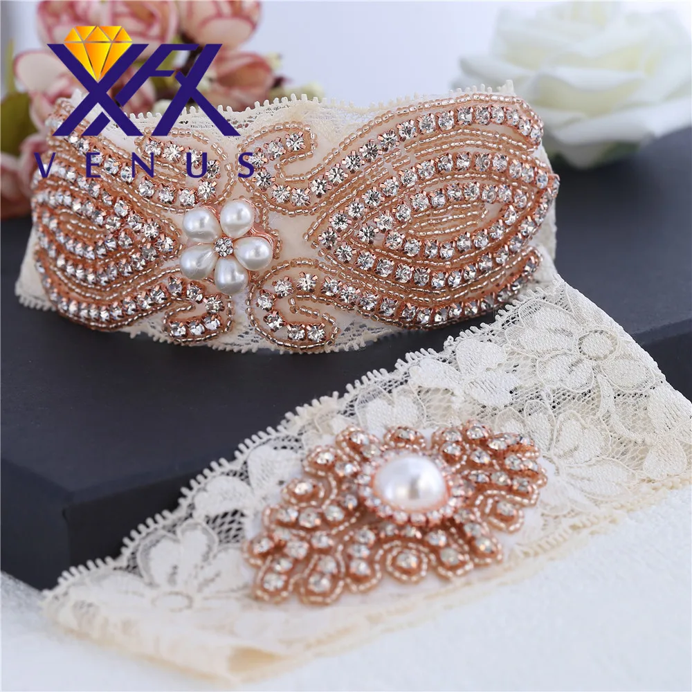 Bridal Wedding Garter Belt Set with Rose Gold Crystal Applique Ivory Lace Strong Stretch Plus Size for Bride Keepsake Gifts