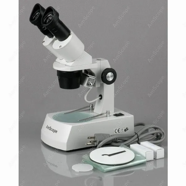 AmScope SE305 Series Compact Binocular Stereo Microscope 5X-30X on Metal Track Stand+ Top&Bottom Halogen Lighting