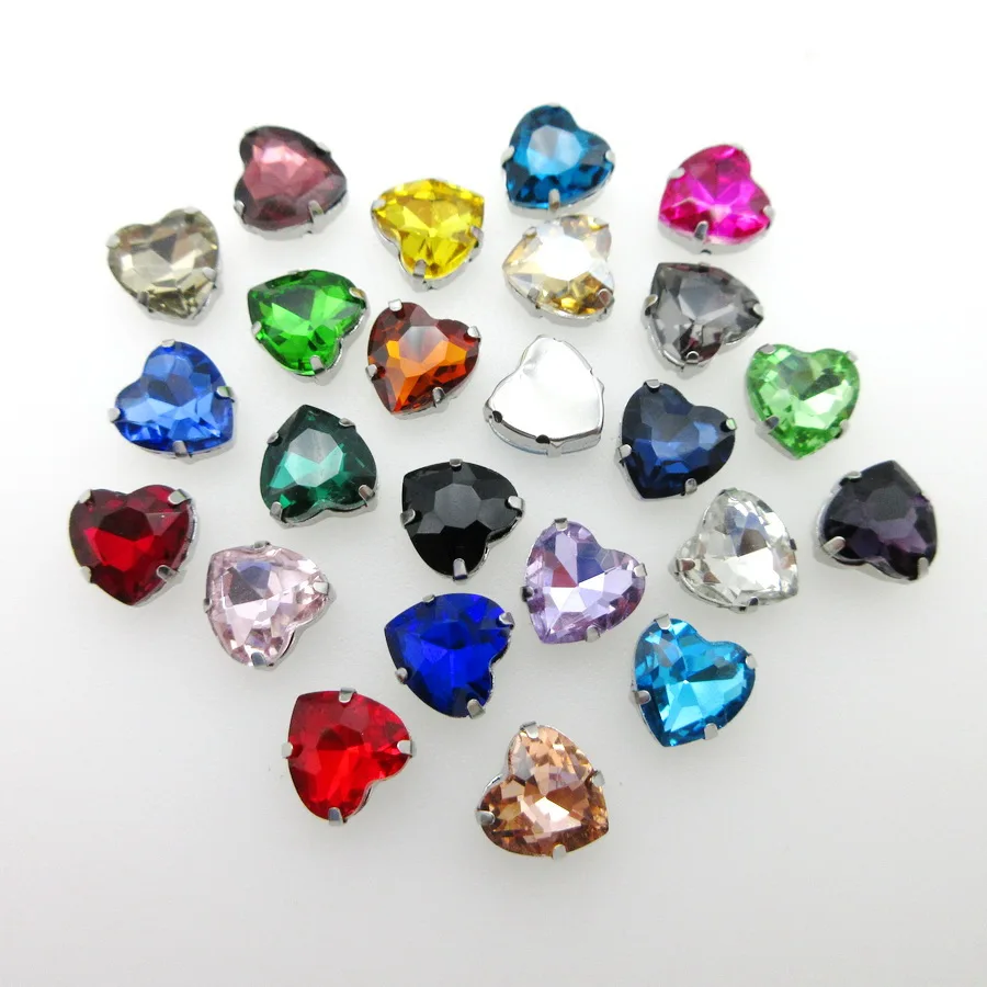 Mix color Glitter glass Crystal strass Silver claw setting heart shape Sew on rhinestones beads garments bags diy accessories