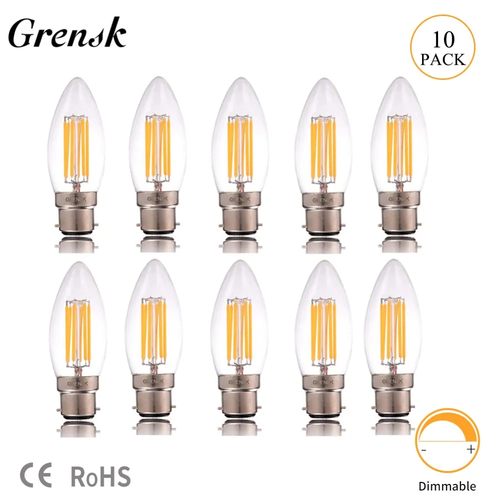 10pcs C35 B22 6W LED Candle Filament Bulbs Dimmable Warm White 2700K Cool White 6000K E26 110V E27 220V LED Vintage Light Bulbs